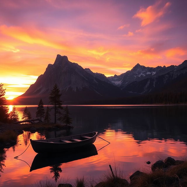 A serene landscape featuring a picturesque sunset over a calm lake surrounded by towering mountains