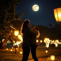A romantic night scene featuring a couple deeply in love, kissing passionately under a starlit sky