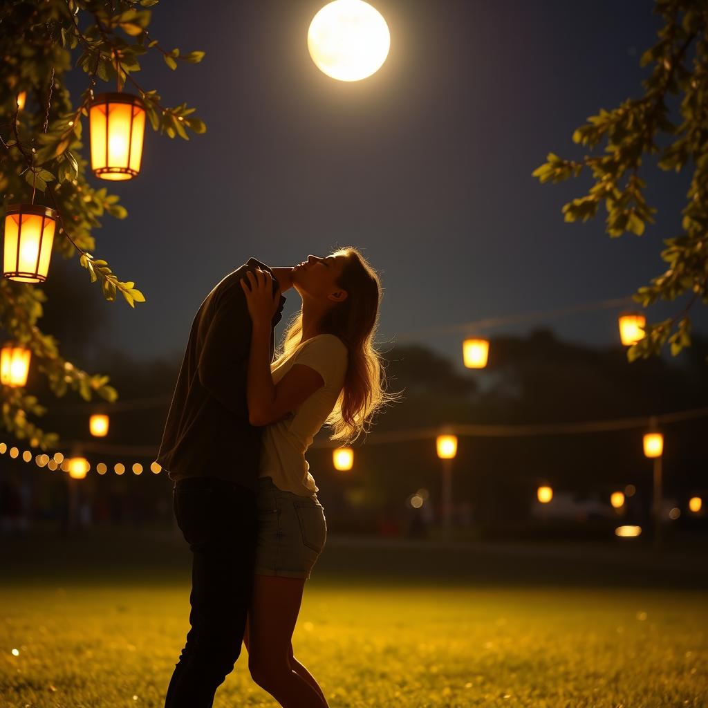 A romantic night scene featuring a couple deeply in love, kissing passionately under a starlit sky