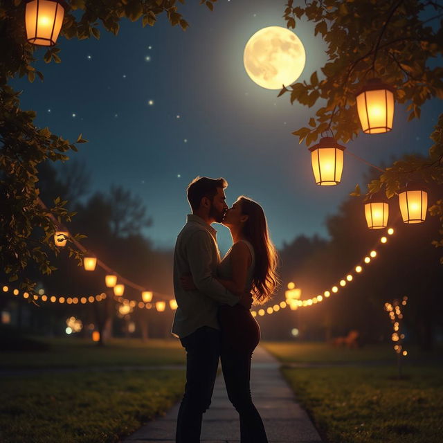 A romantic night scene featuring a couple deeply in love, kissing passionately under a starlit sky