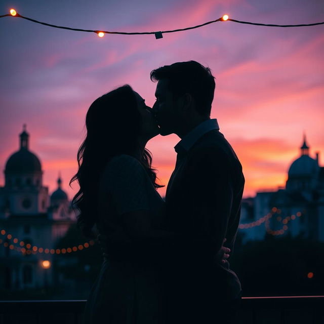 A romantic scene depicting a couple deeply in love, sharing a passionate kiss under the soft glow of twilight