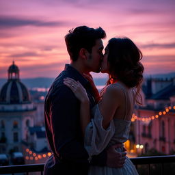 A romantic scene depicting a couple deeply in love, sharing a passionate kiss under the soft glow of twilight