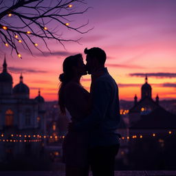 A romantic scene depicting a couple deeply in love, sharing a passionate kiss under the soft glow of twilight