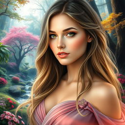 A digital art composition featuring a stunning female face from the first image, seamlessly blended into a beautiful fantasy landscape from the second image