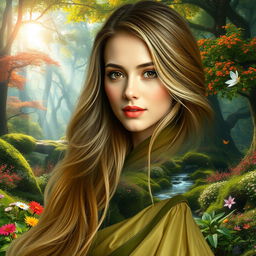 A digital art composition featuring a stunning female face from the first image, seamlessly blended into a beautiful fantasy landscape from the second image