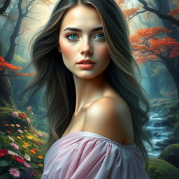 A digital art composition featuring a stunning female face from the first image, seamlessly blended into a beautiful fantasy landscape from the second image