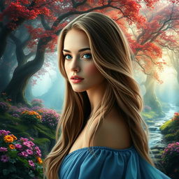 A digital art composition featuring a stunning female face from the first image, seamlessly blended into a beautiful fantasy landscape from the second image