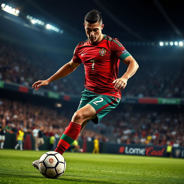 A dynamic and powerful portrait of a professional football player, inspired by Cristiano Ronaldo's athleticism and style