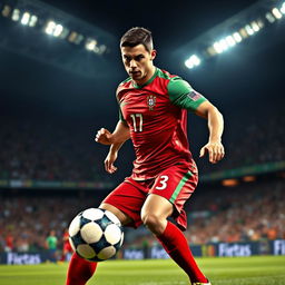 A dynamic and powerful portrait of a professional football player, inspired by Cristiano Ronaldo's athleticism and style