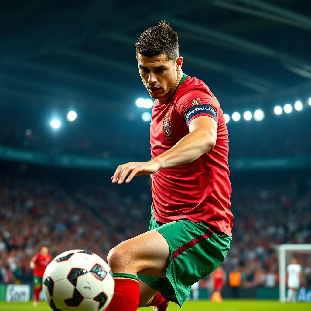 A dynamic and powerful portrait of a professional football player, inspired by Cristiano Ronaldo's athleticism and style