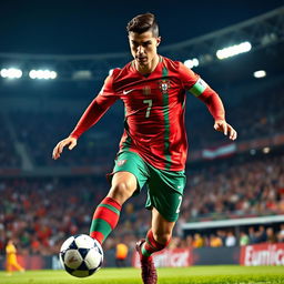 A dynamic and powerful portrait of a professional football player, inspired by Cristiano Ronaldo's athleticism and style