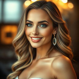 A striking and glamorous portrait of a confident woman with perfect skin, captivating eyes, and an enchanting smile