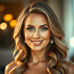 A striking and glamorous portrait of a confident woman with perfect skin, captivating eyes, and an enchanting smile