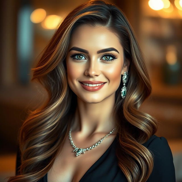 A striking and glamorous portrait of a confident woman with perfect skin, captivating eyes, and an enchanting smile