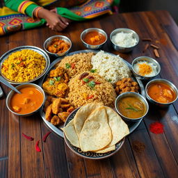 A vibrant Indian meal spread on a traditional wooden table featuring colorful dishes such as biryani, dal, and a variety of curries