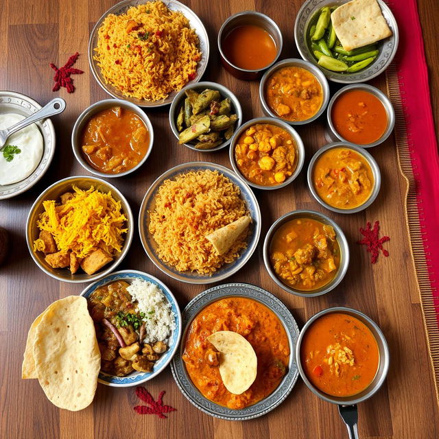 A vibrant Indian meal spread on a traditional wooden table featuring colorful dishes such as biryani, dal, and a variety of curries