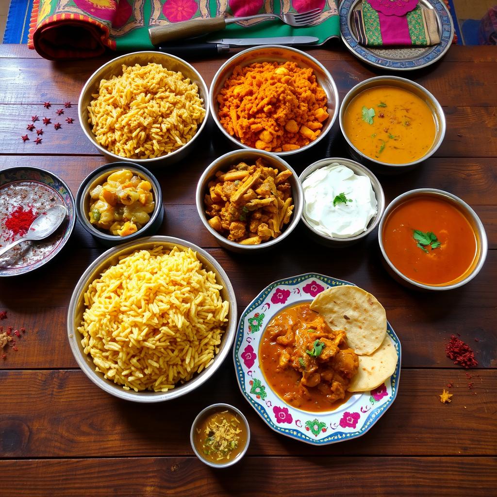 A vibrant Indian meal spread on a traditional wooden table featuring colorful dishes such as biryani, dal, and a variety of curries