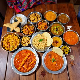 A vibrant Indian meal spread on a traditional wooden table featuring colorful dishes such as biryani, dal, and a variety of curries