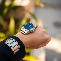 A close-up shot of a person's wrist adorned with a stylish luxury watch