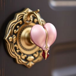 A beautifully designed metal doorknob inspired by the Bleeding Heart flower, showcasing intricate details resembling the flower's unique shape