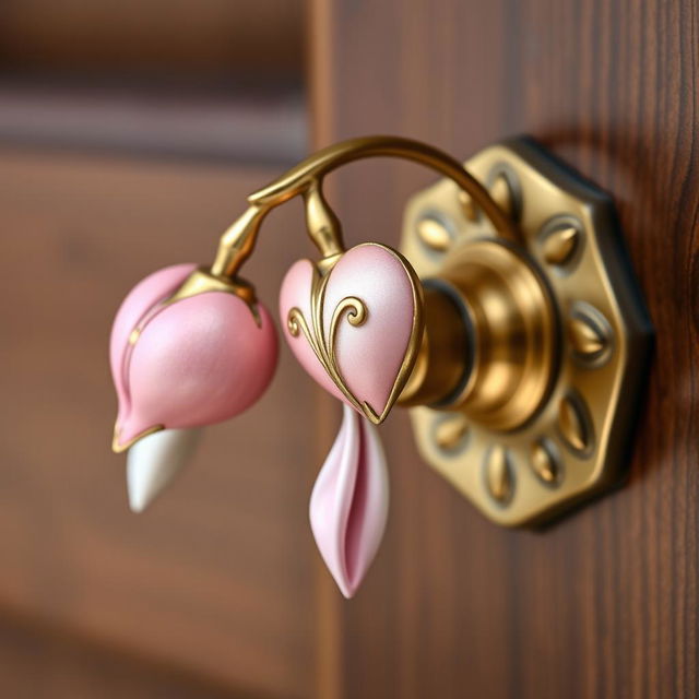 A beautifully designed metal doorknob inspired by the Bleeding Heart flower, showcasing intricate details resembling the flower's unique shape