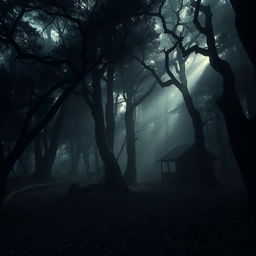 A mysterious, eerie forest that has a haunting presence, shrouded in mist and shadows
