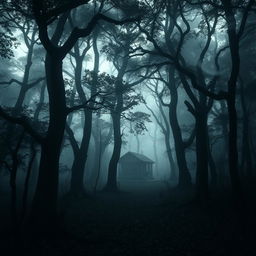 A mysterious, eerie forest that has a haunting presence, shrouded in mist and shadows
