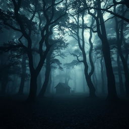 A mysterious, eerie forest that has a haunting presence, shrouded in mist and shadows