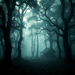 A mysterious, eerie forest that has a haunting presence, shrouded in mist and shadows
