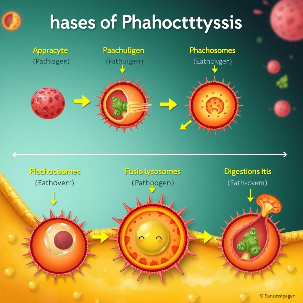 An educational and visually engaging illustration depicting the phases of phagocytosis