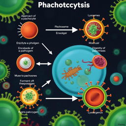 An educational and visually engaging illustration depicting the phases of phagocytosis