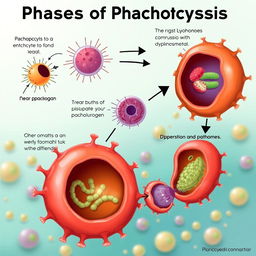 An educational and visually engaging illustration depicting the phases of phagocytosis