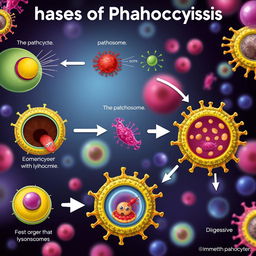 An educational and visually engaging illustration depicting the phases of phagocytosis