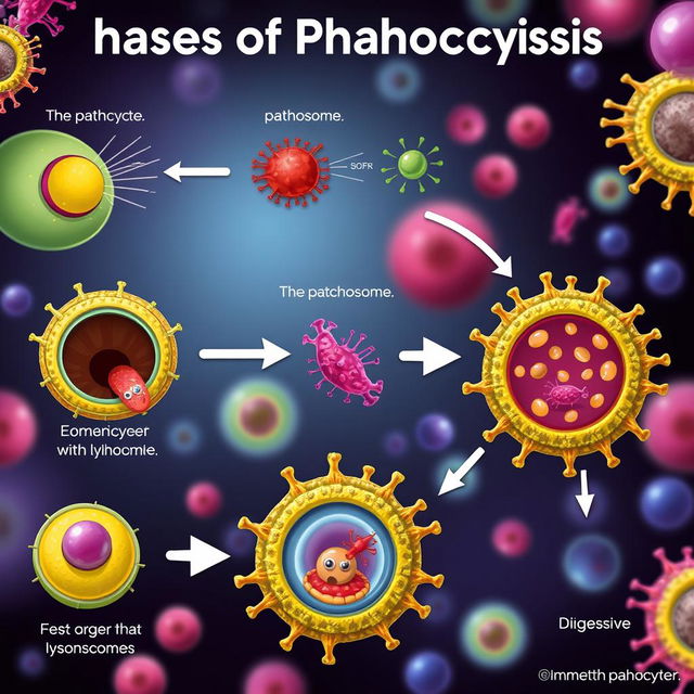 An educational and visually engaging illustration depicting the phases of phagocytosis