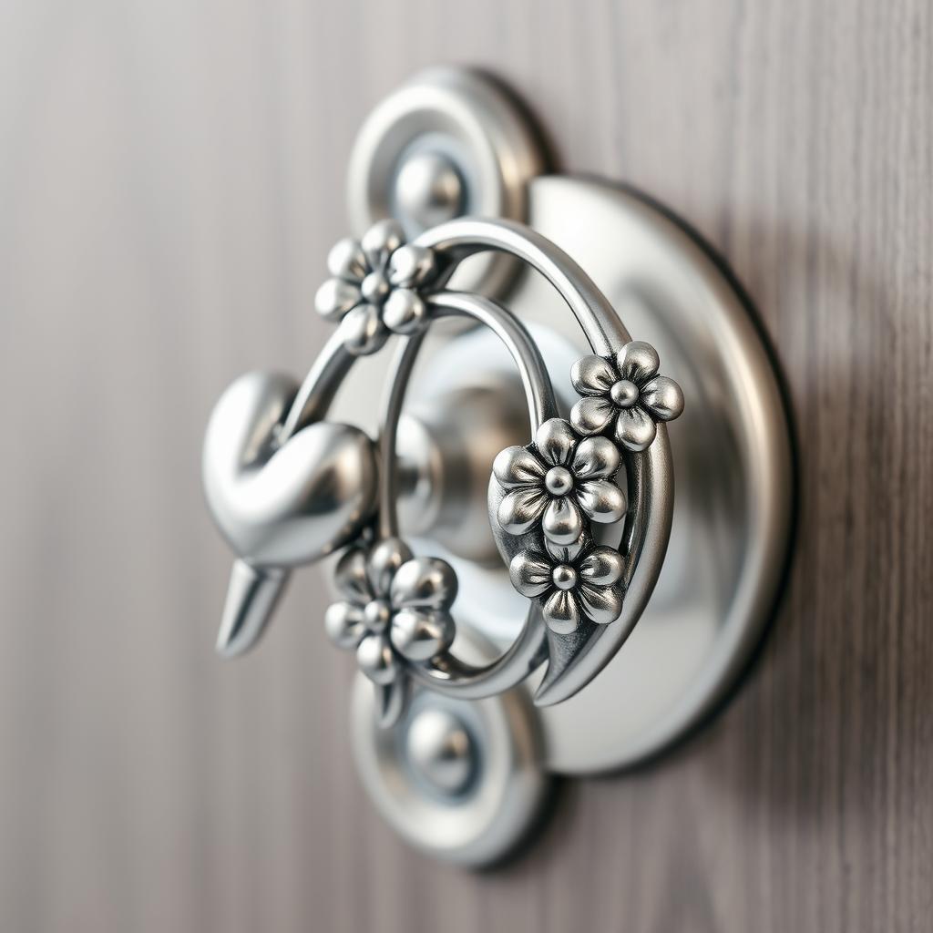 A beautifully designed metal doorknob inspired by the delicate and intricate shape of the bleeding heart flower