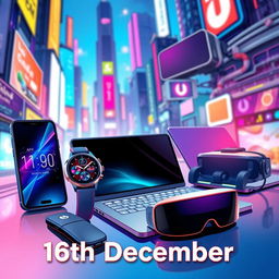 A vibrant and futuristic illustration showcasing an array of cutting-edge gadgets and technology
