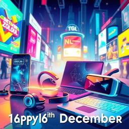 A vibrant and futuristic illustration showcasing an array of cutting-edge gadgets and technology
