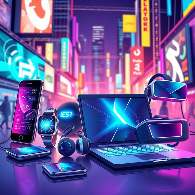 A vibrant and futuristic illustration showcasing an array of cutting-edge gadgets and technology