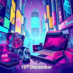 A vibrant and futuristic illustration showcasing an array of cutting-edge gadgets and technology