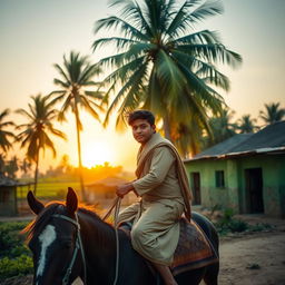 A young man dressed in traditional rural attire riding a horse through a peaceful village, surrounded by simple green mud houses and fields