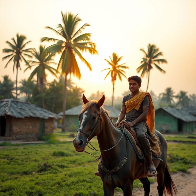 A young man dressed in traditional rural attire riding a horse through a peaceful village, surrounded by simple green mud houses and fields