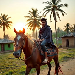 A young man dressed in traditional rural attire riding a horse through a peaceful village, surrounded by simple green mud houses and fields