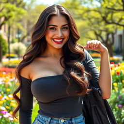 A stunningly attractive English college student with very large, round breasts, playfully posing with a flirtatious smile