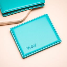 A stylish, modern wallet in a vibrant turquoise color, with a sleek design that prominently features the letters 'WsW' embossed on the bottom