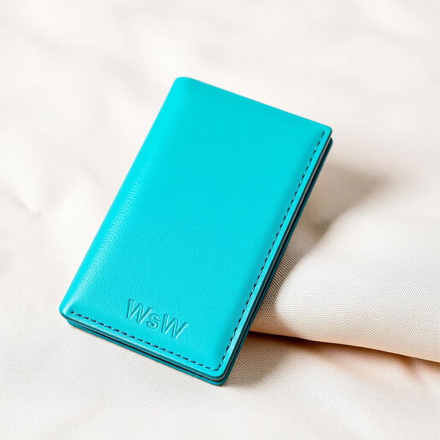 A stylish, modern wallet in a vibrant turquoise color, with a sleek design that prominently features the letters 'WsW' embossed on the bottom