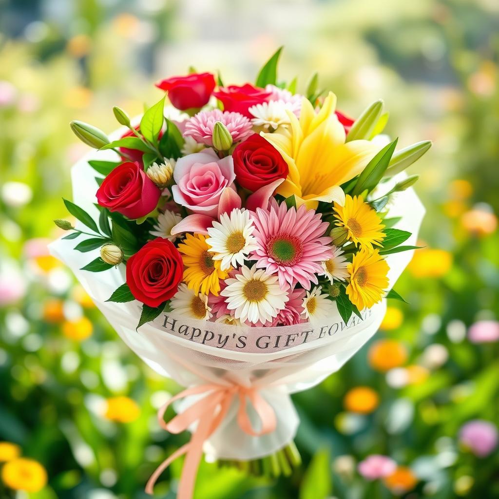 A beautifully arranged bouquet of fresh, vibrant flowers, including roses, lilies, and daisies, showcasing a variety of colors like red, pink, yellow, and white, elegantly wrapped in a delicate sheer fabric