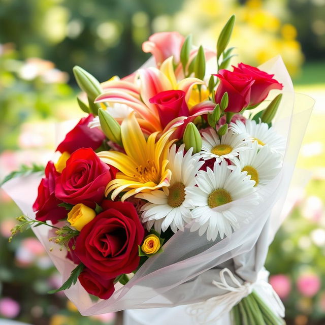 A beautifully arranged bouquet of fresh, vibrant flowers, including roses, lilies, and daisies, showcasing a variety of colors like red, pink, yellow, and white, elegantly wrapped in a delicate sheer fabric