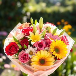 A beautifully arranged bouquet of fresh, vibrant flowers, including roses, lilies, and daisies, showcasing a variety of colors like red, pink, yellow, and white, elegantly wrapped in a delicate sheer fabric