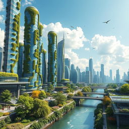 A futuristic city seamlessly integrated with nature, featuring towering skyscrapers made of glass and green materials, lush vertical gardens covering buildings, solar panels on rooftops, and urban parks with vibrant trees and flowers