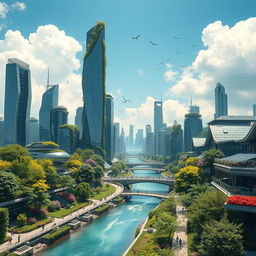 A futuristic city seamlessly integrated with nature, featuring towering skyscrapers made of glass and green materials, lush vertical gardens covering buildings, solar panels on rooftops, and urban parks with vibrant trees and flowers